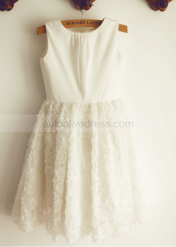Ivory Cotton Rosette Knee Length Flower Girl Dress